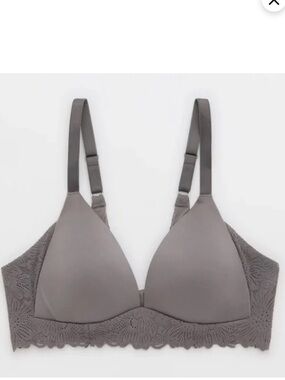 Aerie real Sunnie Wireless Lightly Lined Blossom Lace Trim Bra shell gray 36C